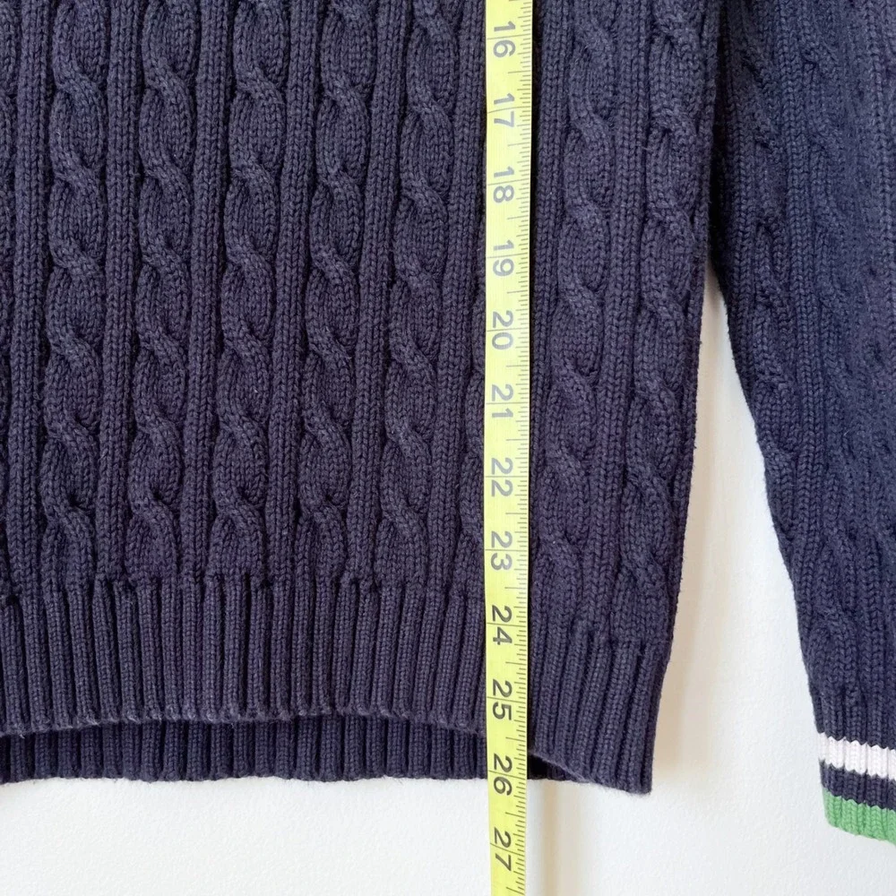 Lands' End Varsity Cable Knit V-Neck Sweater Women Medium Navy Green Tennis Prep